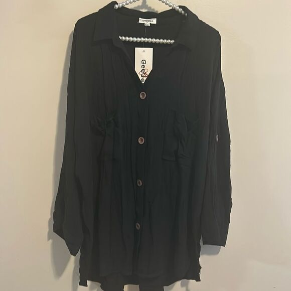 GeeGee Collared V Neck Button Up Black Top. Size 3XL NWT - Picture 1 of 5